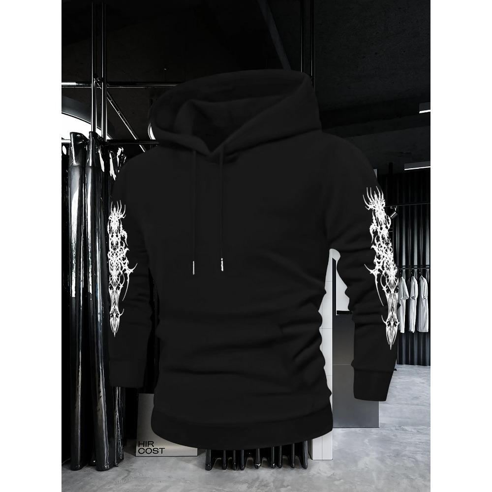 Autumn and Winter Fashionable Men's Retro Street Printed Hooded Sweatshirt with Thorn Pattern, Casual Top, Suitable for Daily Outings