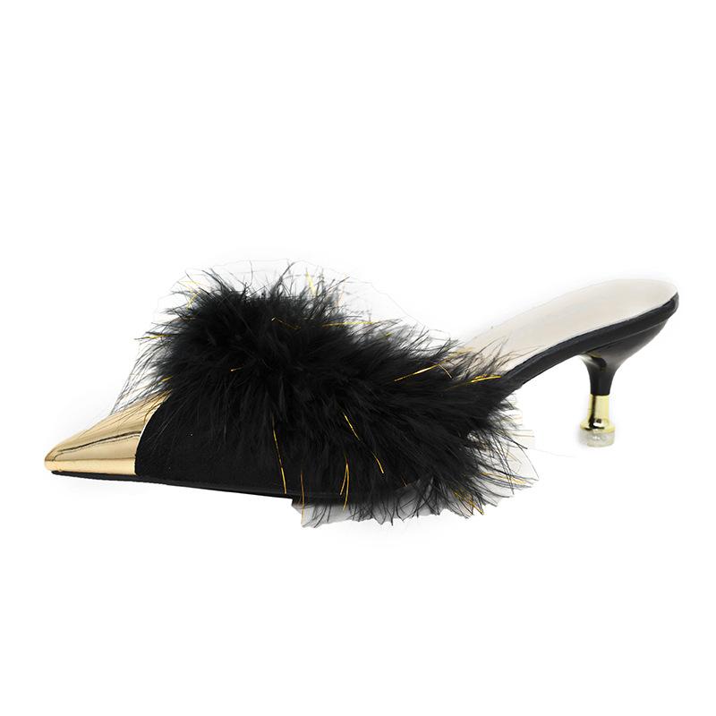 Baotou Fluffy Slippers Women's 2024 Autumn New Pointed Head Outer Wear Metal Head Thin Heel Sweet Temperament Lazy Half Tray