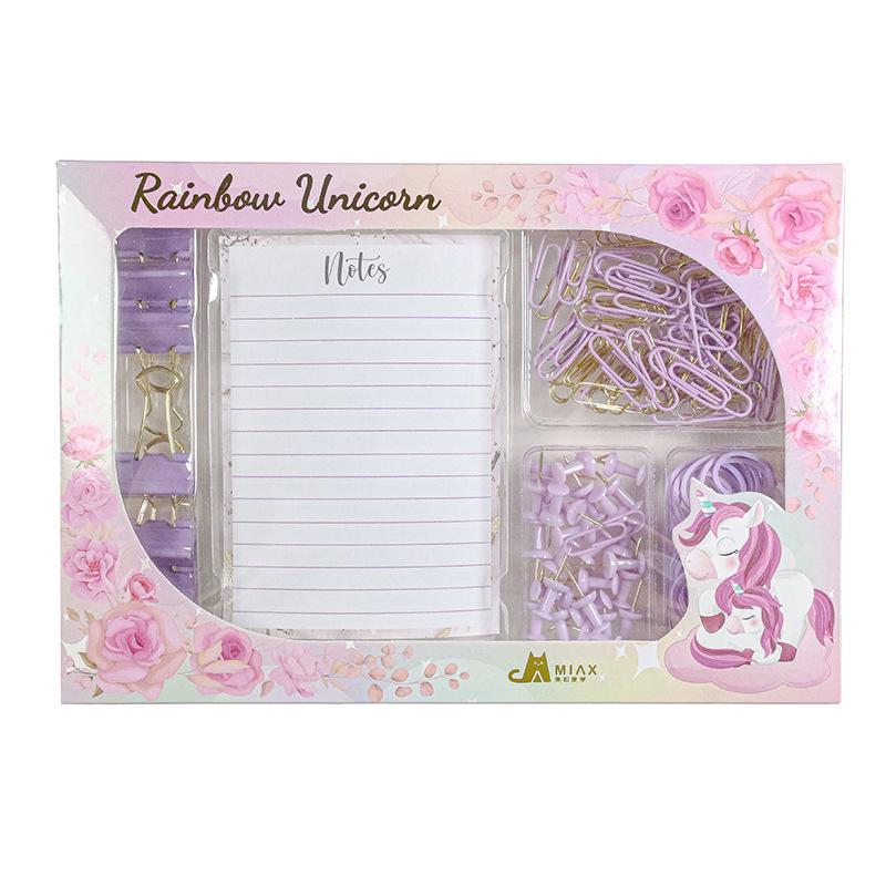 Macaroon-Color Stationery Set: Paper Clips, Stapler, Rubber Bands, Lined Notebooks, Thumbtacks, Push Pins, and Binder Clips.