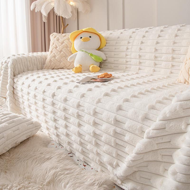 Zimní Králičí Plyšový Přehoz na Pohovku Celoplošný Látkový Zesílený Jednoduchý a Lehký Luxus Protiskluzové Sedáky