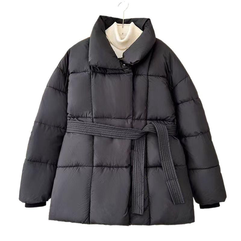 New women's waist autumn and winter stand-up collar down cotton clothes solid color lace-up women's versatile coat