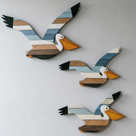 3 Pcs Pelican Wall Art Wooden Flying Bird Wall Hanging Decor Nautical Rustic Beach Wall Sculpture for Living Room Bedroom
