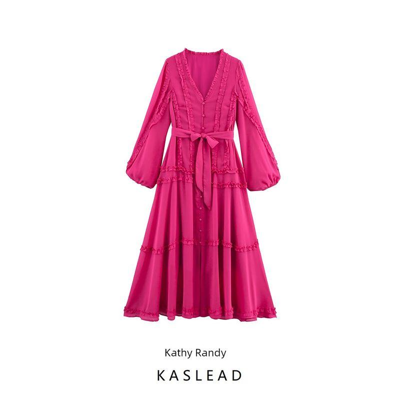 Kaslead New Women Clothes Western Style Fashion Chiffon Lace Patchwork Long Oversized Swing Dress