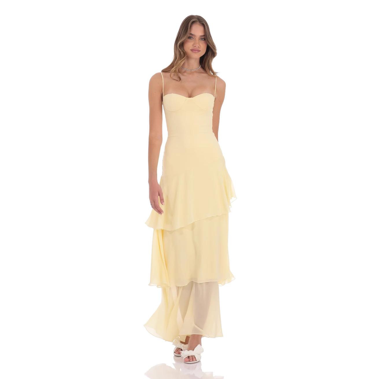 Women s Spaghetti Strap Sweetheart Neck Tiered Ruffle Chiffon Maxi Dress XS жёлтый
