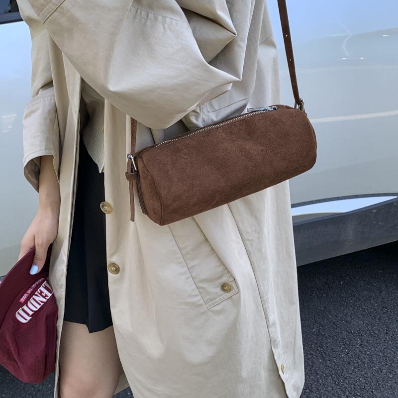 Suede Solid Color Bag Women's New Autumn and Winter Retro Versatile Messenger Bag Shoulder Portable Cylinder Bag