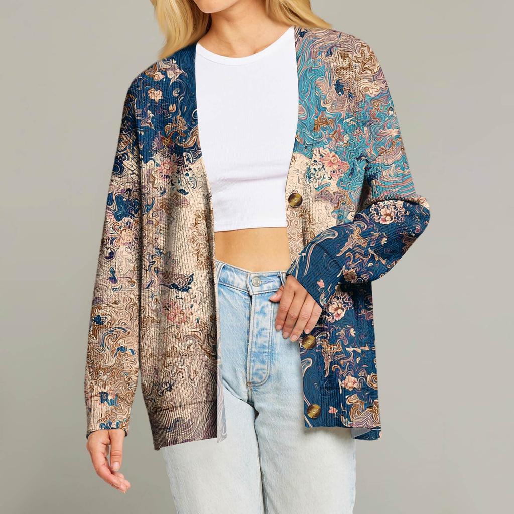 Women's Fashion Long Sleeve Christmas Print V-Neck Button Loose Cardigan Top