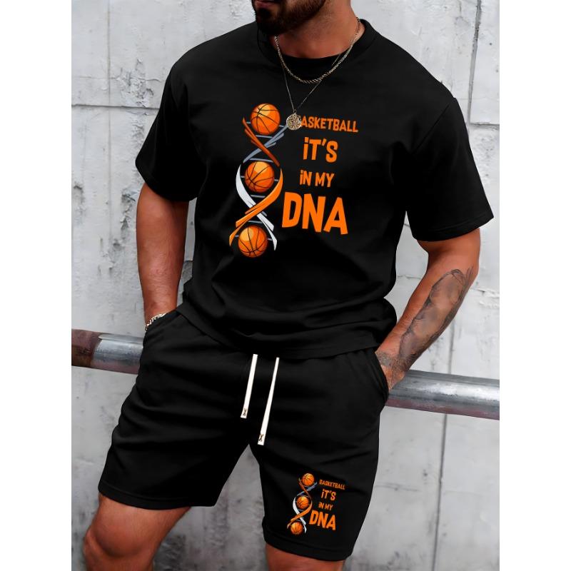 European Size Men's Summer T-Shirt , DNA Basketball Element Men's Versatile Outfit, Casual Short Sleeve Top Trendy Leisure Sportswear