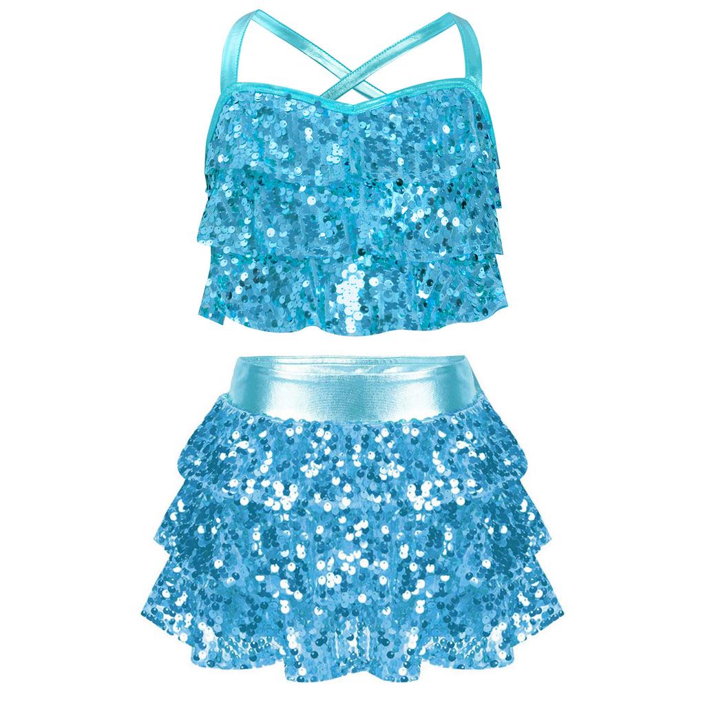 Jazz-Tanz-Outfit für Mädchen, glitzerndes, gestuftes Rüschen-Crop-Top, metallische Culottes für Bühnenauftritte
