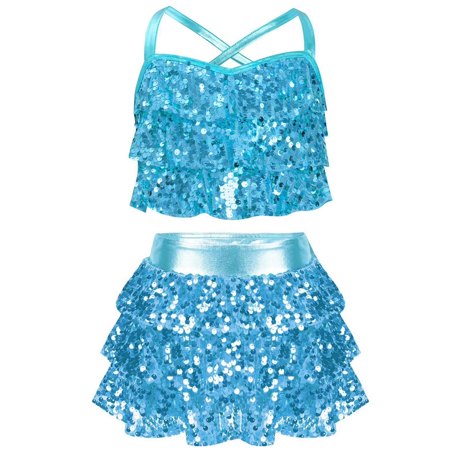 

Одяг для джазового танцю для дівчаток Блискучий багаторівневий укорочений топ із рюшами Металеві кюлоти для сценічних виступів 9-10 Years світло-синій колір