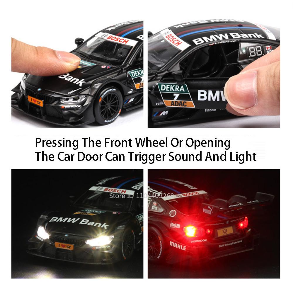 AAAOM1 1:32 Scale BMW M4 DTM Car Model Toy Doors Opened Metal Diecast Music Light Pull Back Racing Cars Models Toys Kids Hobby Gifts