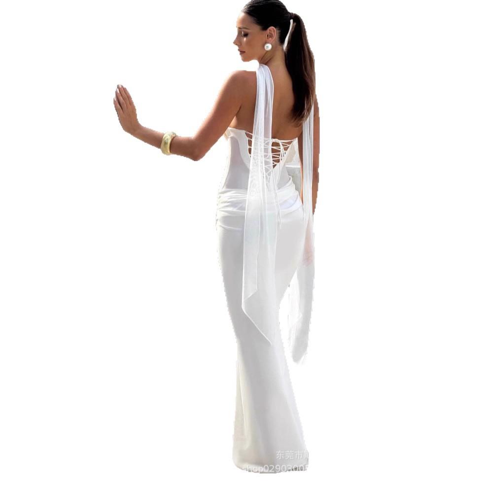 Women Brown Halter Neck Mesh Sleeve Maxi Dress