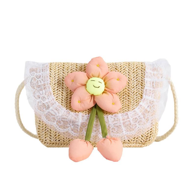 Kids Straw Basket Bag For Girls With Breathable Durability For Daily Outings Ivory Pink Flower