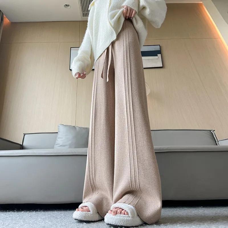 Autumn and Winter Women's Knitted Wide Leg Pants Comfort Thick Warm Women's Pants Elastic High Waist Black Pants