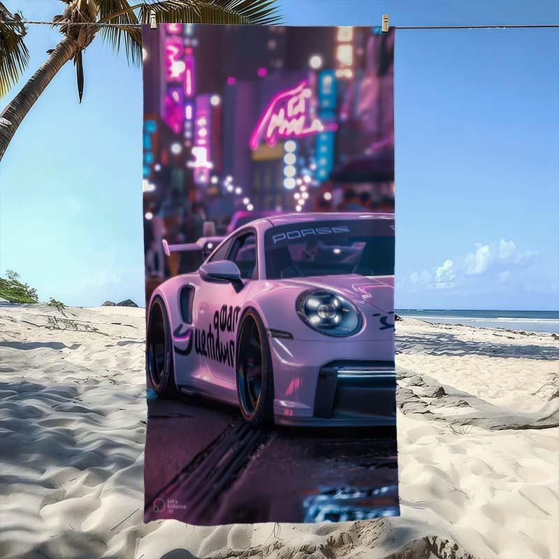 Neon Nacht Supercar Strandtuch, Ultra-Saugfähig, Schnelltrocknend, Polyester-Mischung, Ideal für Strand, Pool, Camping, Perfektes Weihnachtsgeschenk