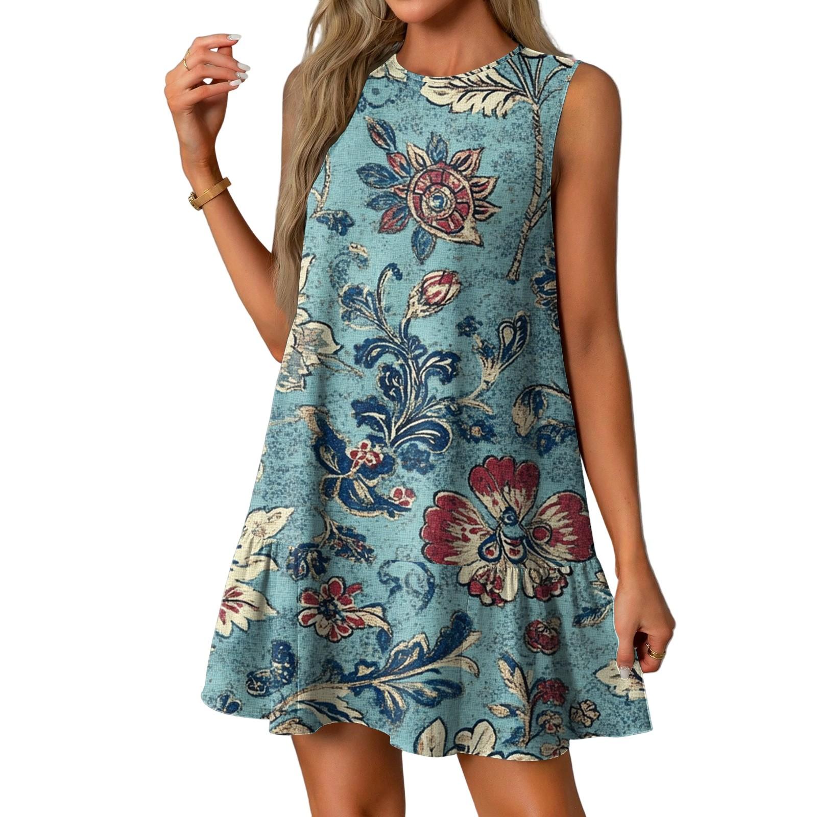 

Женские модные повседневные платья без рукавов с круглым вырезом и оборками с винтажным принтом S синий