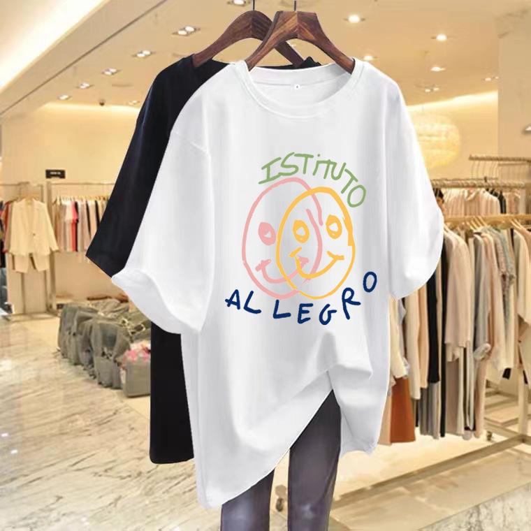 

White letter medium and long short-sleeved T-shirt women s 2025 summer new graffiti pure cotton loose top ns tide M (up to 50 kg) белый