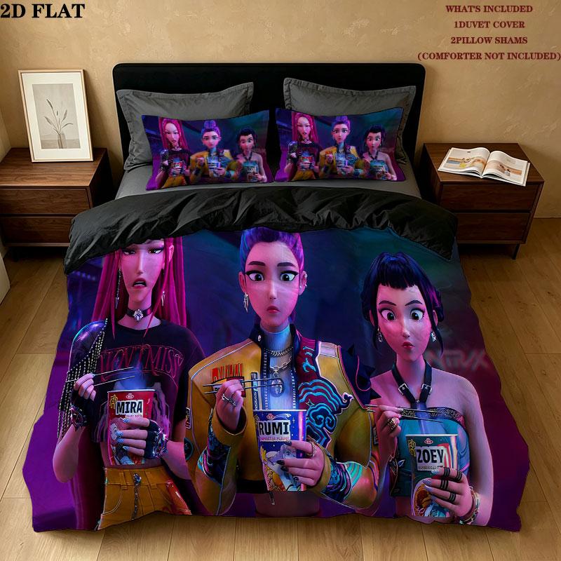 Kpop Demon Hunters Pattern Bedding Quilt Set Quilt Cover Pillowcase Home Birthday Gift(1 * duvet cover + 2 * pillowcase, without core)