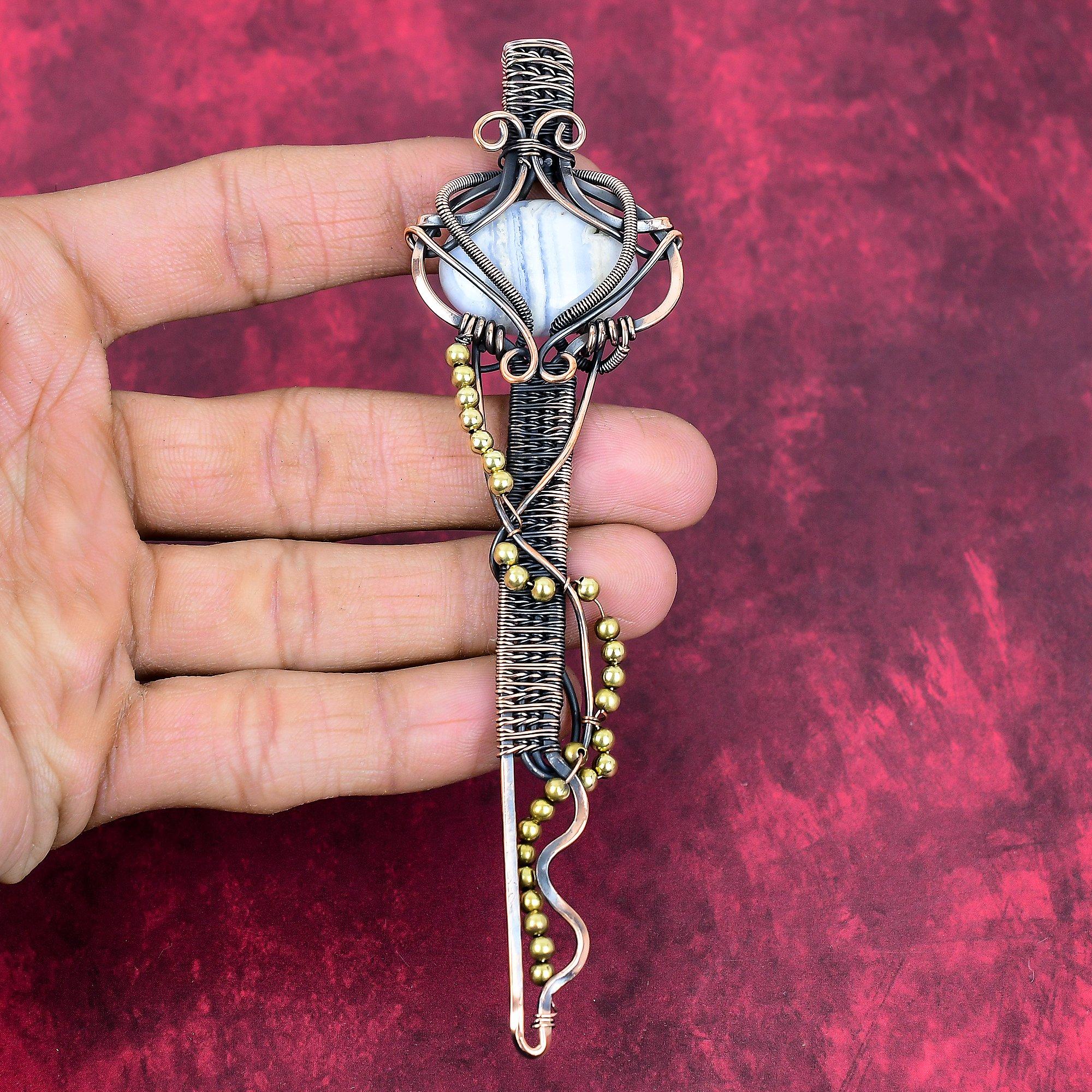 Blue lace agate pendant copper wire wrapped pendant key pendant antique jewelry handmade pendant gemstone copper jewelry anniversary gifts