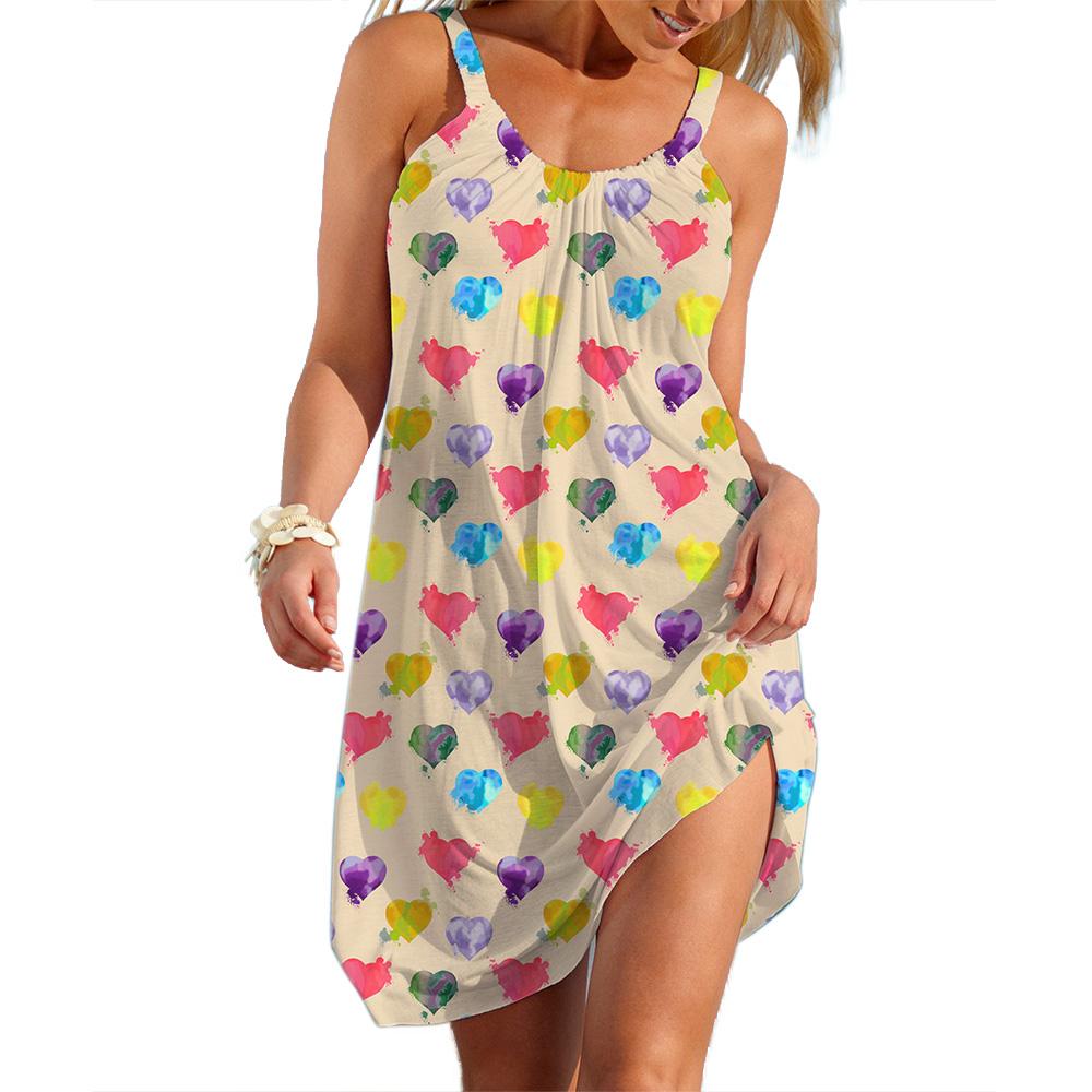 Women's A-line Slip Dress Daily Wear Colorful Heart Graphic Clothing Female Casual Clothes Sale Woman Loose Lady Soft Dresses
