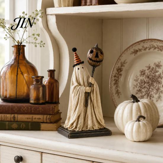 Shabby Stoff Geist Dekoration Vintage Figur mit leuchtendem Kürbis Zepter, Halloween Ornament Retro LED Licht, Harz beleuchtet für Innen Außen