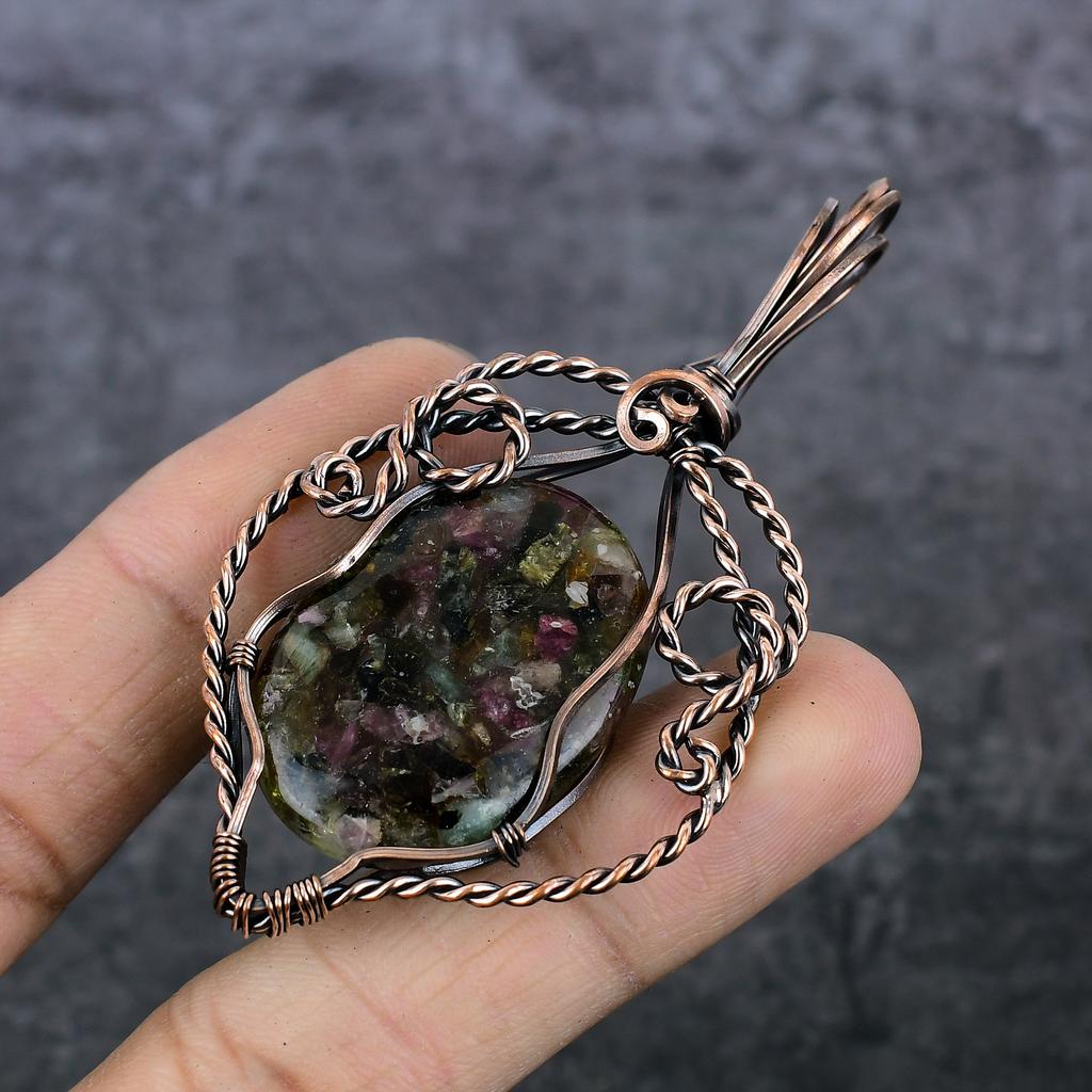 Natural Watermelon Tourmaline Copper Wire Wrap Gift Jewelry Pendant 3.15" N7V69