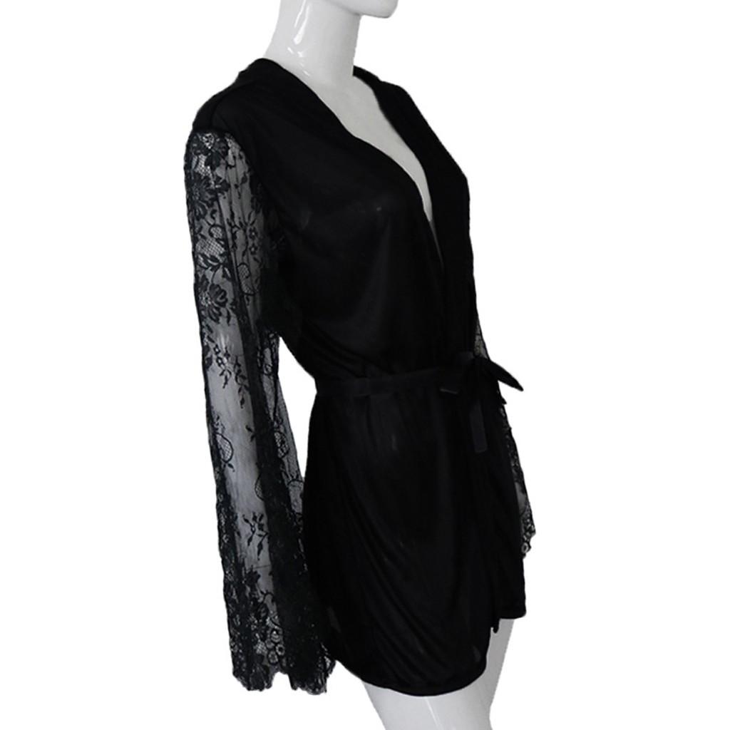 Women Satin Robe Lace Long Sleeve Silk Lingerie Bathrobe Belt Loose Nightgowns
