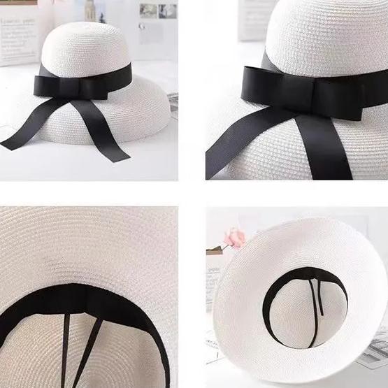 WTEMPO Black Bow Casual Foldable Summer Straw Hats Women's Wide Brim Solid Color Outdoor Beach Sunscreen Hats