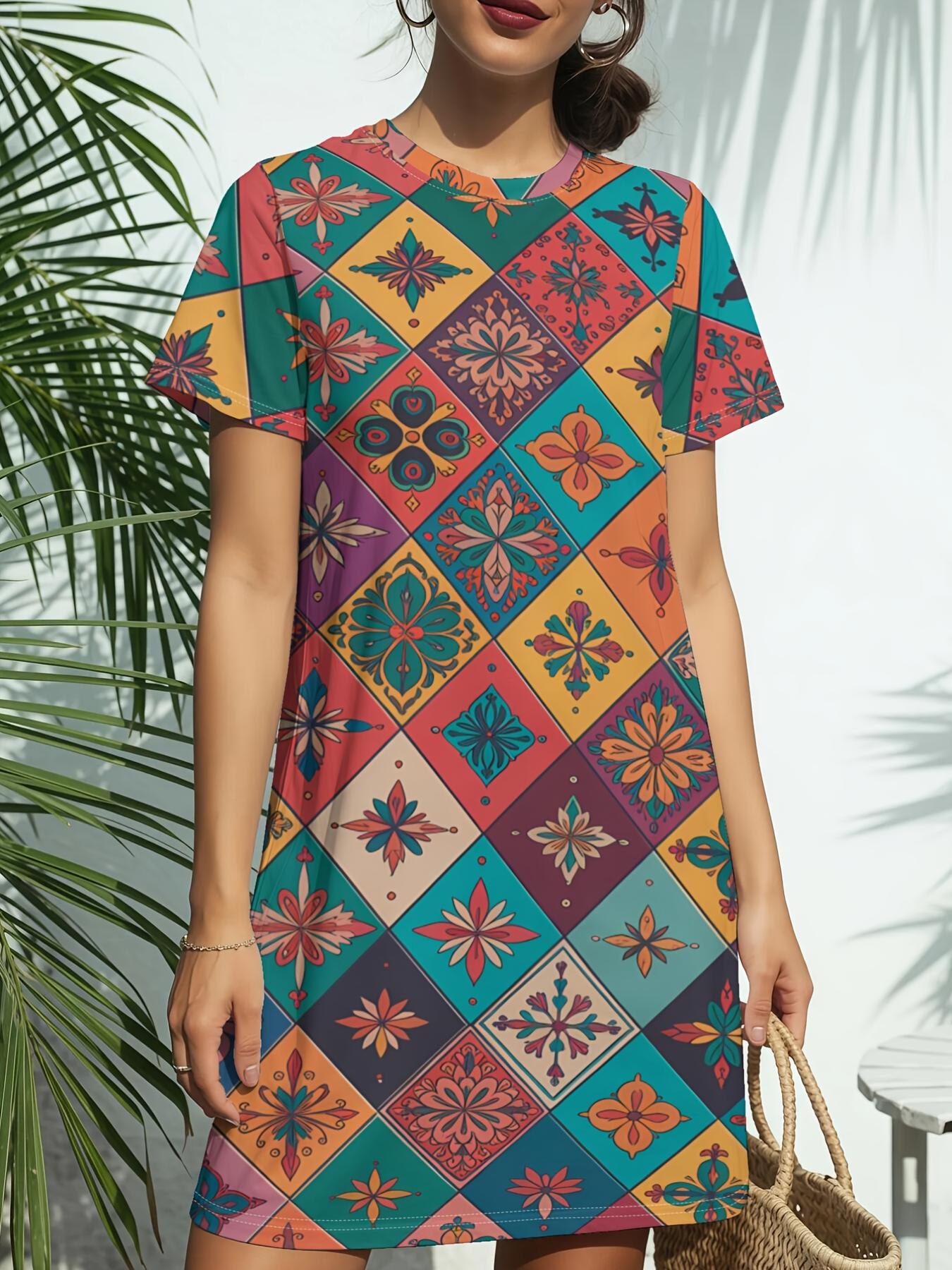 

Tribal Geo Mixnew Arrival Women S Round Neck Short-Sleeve T-Shirt Dress. American Trendy Digital Print. Casual Versatile Style for Spring And Summer. S дубильна кора