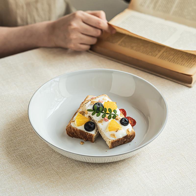 Simple Style Household Ceramic Large Bowl Gray And White Fruit Salad Bowl Vegetable Bowl Texture Open Dessert Bowl Tableware