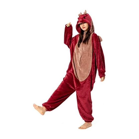 [OLAOLA] Dragon Kigurumi Pajamas for Adults Red Halloween Costume Disguise Animal Loungewear Dragon Fluffy Warm Cold Weather Room Wear Flannel Unisex