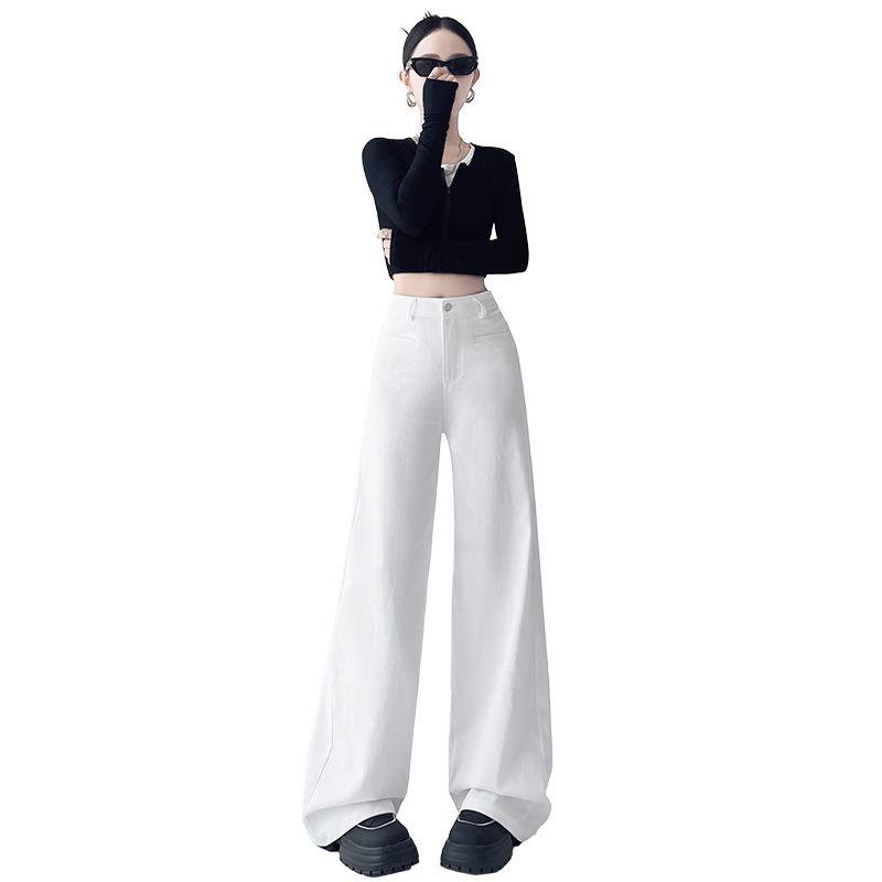White narrow straight jeans women's autumn new high-waisted thin and drape casual versatile wide-leg pants