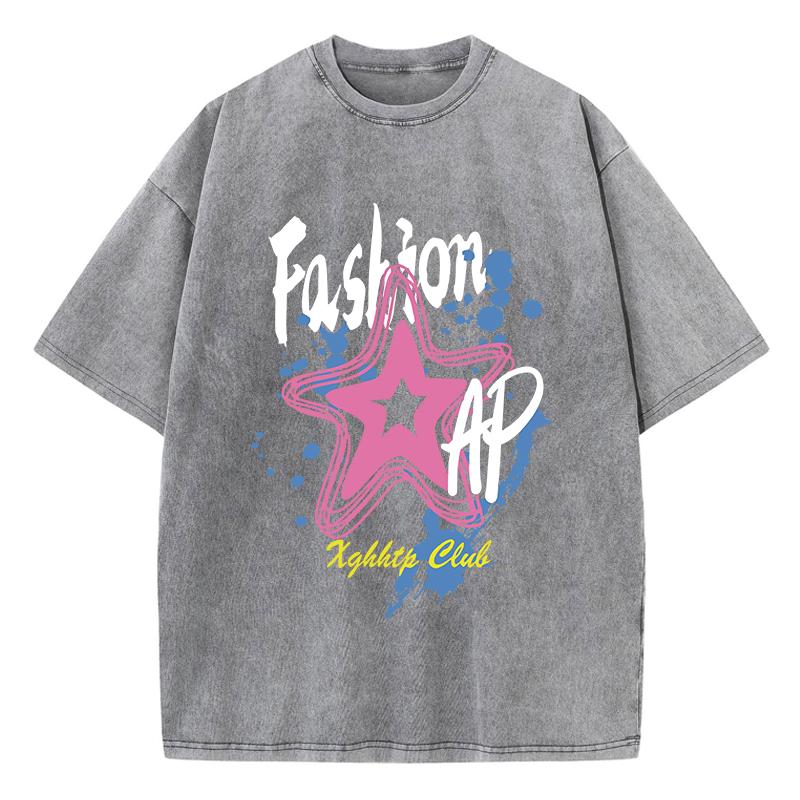 Graffiti Fashion Pentagram Prints Washed TShirt Women Cotton Oversize Tops Comfortable Distressed ONeck T Shirt Summer Clothes