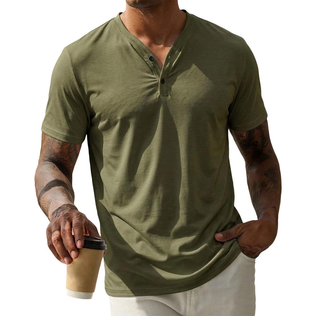 Men Henley Short Sleeve T Shirt Casual Button Down Lightweight Top Soft Fabric Fit Tee Crewneck Design