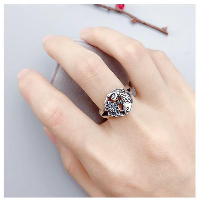 Adjustable Open Ring Women Men Sterling Koi Fish Design Vintage Geometric Finger
