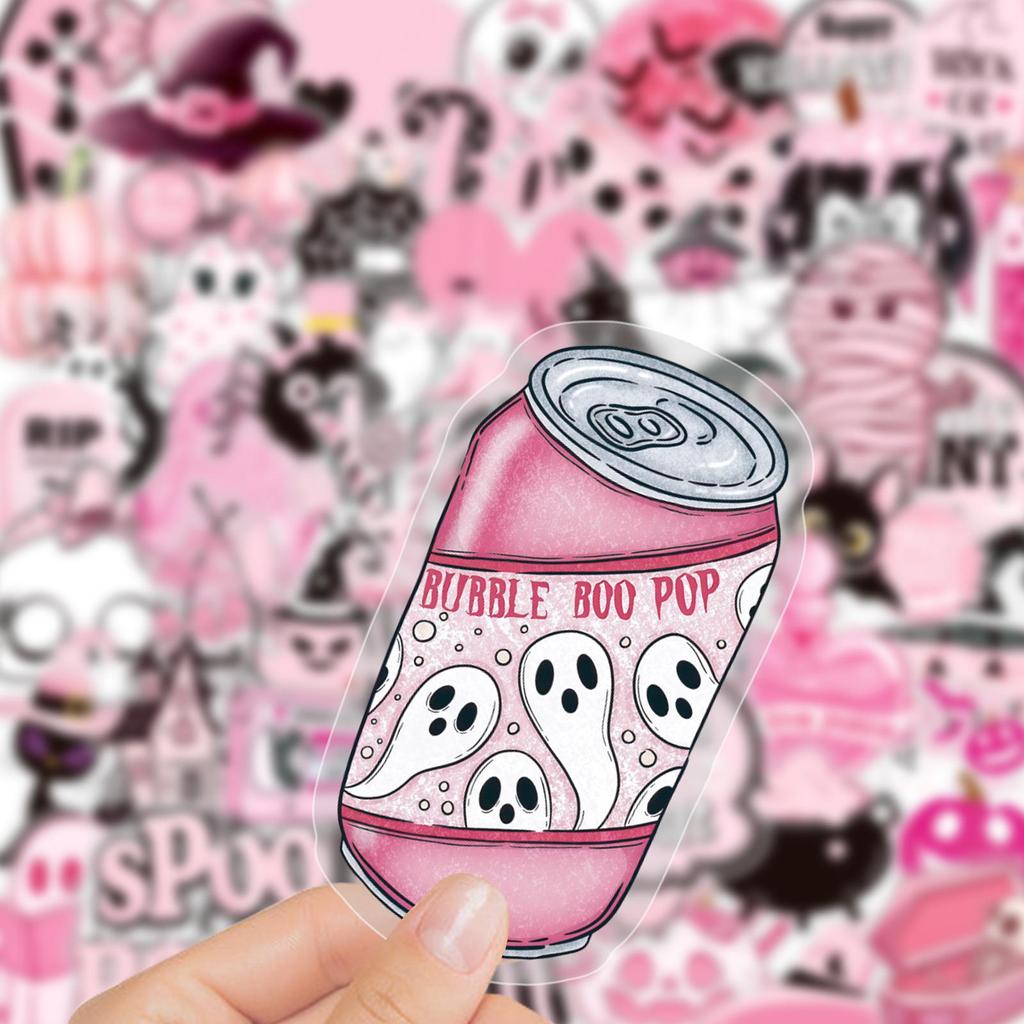 50 Cartoon Pink Halloween Stickers: Double-Sided, Waterproof Decoration for Journals & Water Bottles