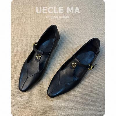 Sheepskin Version~ Genuine Leather Shoes Camellia Retro Mary Jane Shoes Women's Not Tired Feet Thick Heel T with French Light Mouth Single Shoes