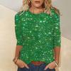 Mulheres T-shirt Gola redonda Mangas 3/4 Glitter Pullover Tops Brilhantes Lantejoulas Cor sólida Blusa cintilante