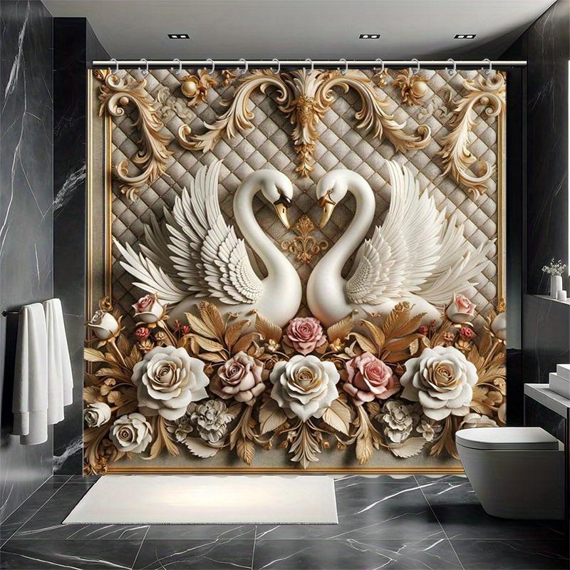 Simple Swan Shower Curtain Set - Geometric Animal Pattern, 3D Design, Includes 12 Hooks, Polyester Fabric, Modern Bathroom Decor