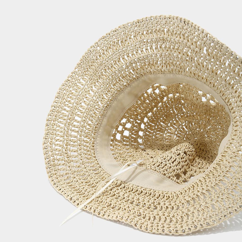 Jarní/Letní Háčkovaný Květ Prodyšný Klobouk z Tkané Slámy pro Dámskou Plážovou Dovolenou Sluneční Ochrana Slaměný Klobouk