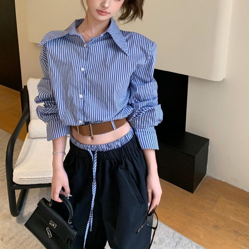 2026 fashion temperament suit high-end blue striped long-sleeved shirt women s autumn contrasting wide-leg pants two-piece set S
