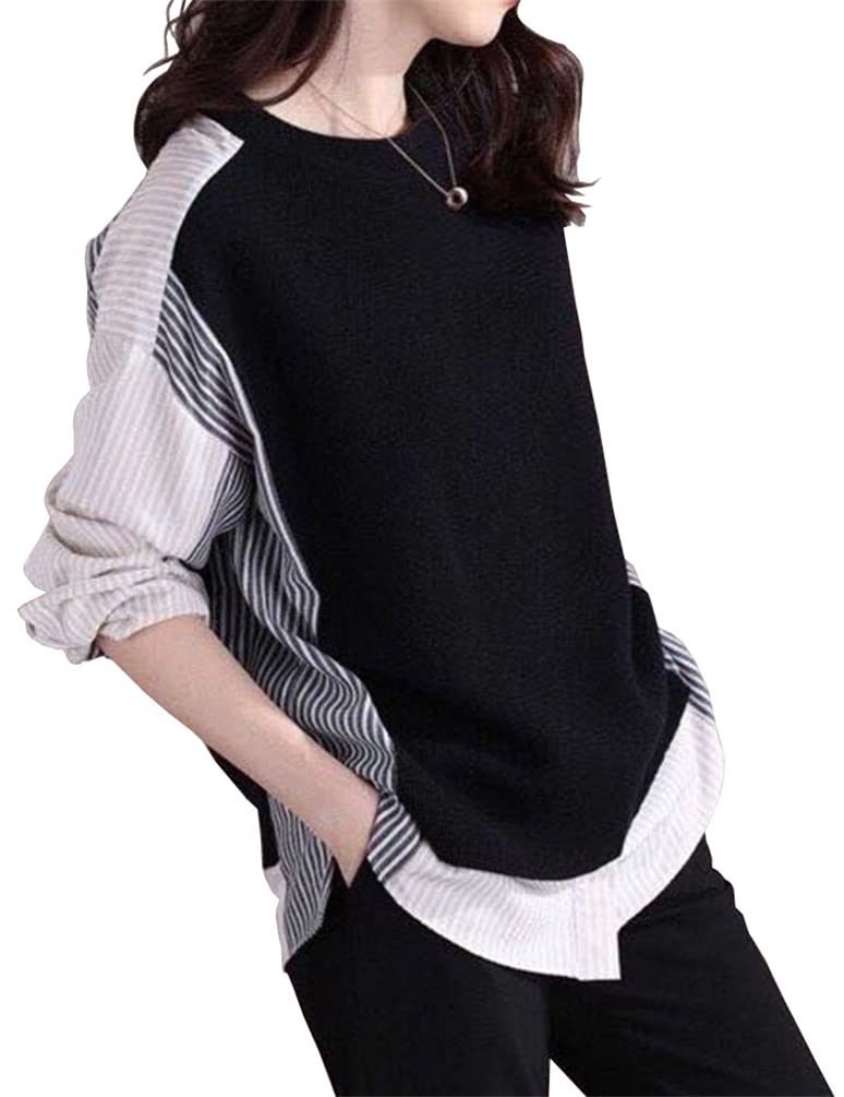 

ZHENGTU Women s Striped Long Sleeve Knit Blouse, Pullover Top with Layered Design, Cute for Office or Everyday Wear (Color shown, XL)