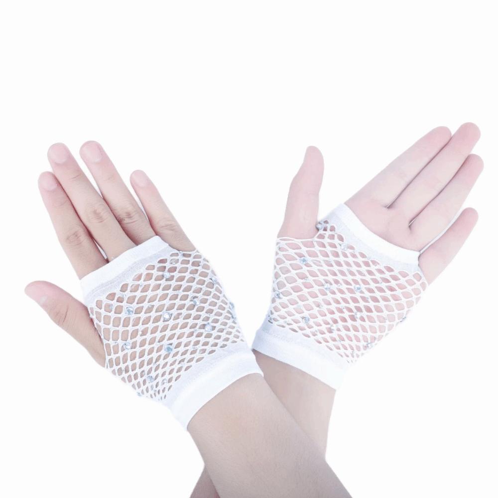 

Elastic Rhinestone Gloves Shiny Long Gloves Party Mesh Lace Gloves Dance Wear Short White