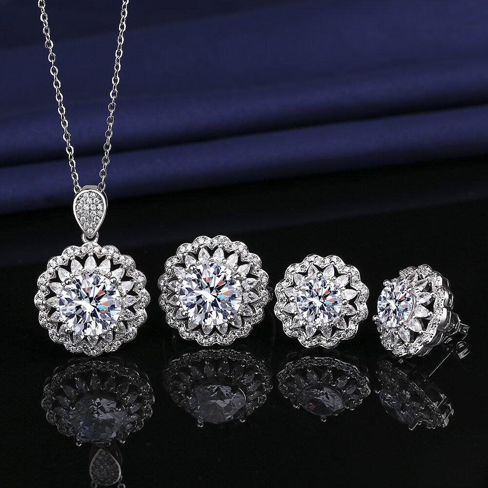 Luxury Five-carat Luxury Studded with Diamond Zircon Necklace Ring Earrings Set Bridal Wedding Accessories