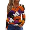 Women's Halloween Print V-Neck T-Shirt with Decorative Buttons Long Sleeve Casual Top