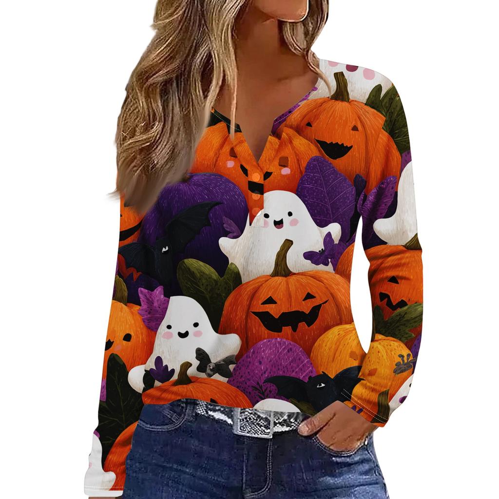 Women's Halloween Print V-Neck T-Shirt with Decorative Buttons Long Sleeve Casual Top