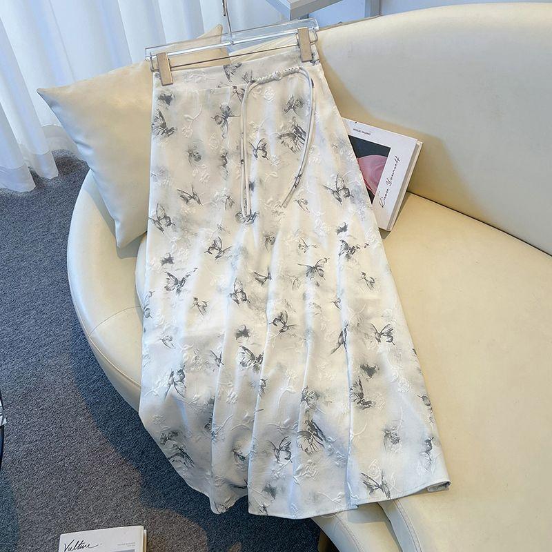 

Юбка миди с принтом бабочек в китайском стиле, женская летняя жаккардовая юбка с пуговицами в неокитайском стиле, длинная юбка А-силуэта с цветочным принтом, элегантная, с высокой талией L серый
