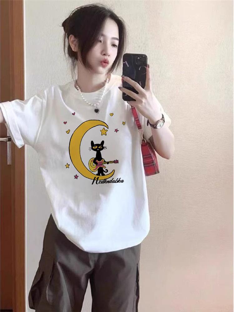 Summer 2025 Women's Loose White Cotton Short Sleeve T-shirt with Unique American Design