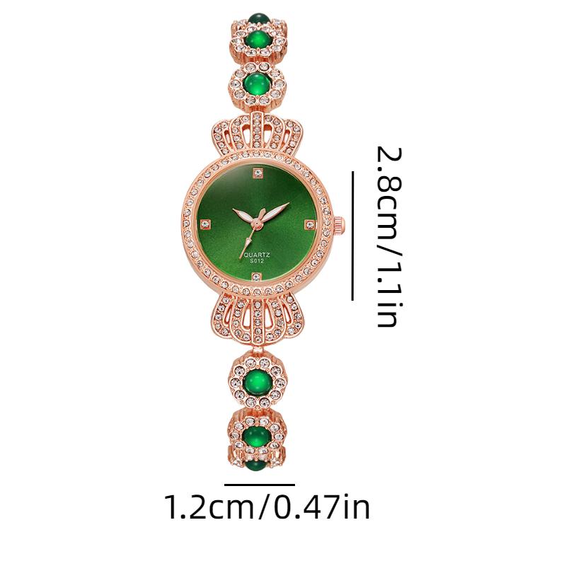 

Модные женские кварцевые часы с заводной головкой, ювелирными бусинами, зеленым ремешком, повседневные наручные часы, подарок