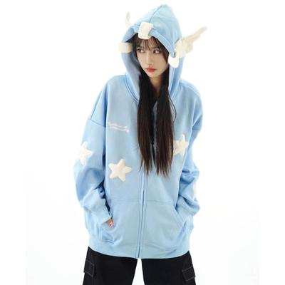 Japanische Kawaii Flügel Kapuze lose Sweatshirt Frauen Herbst lange Ärmel Reißverschluss Stern Strickjacke übergroßen Mantel Y2K süße süße