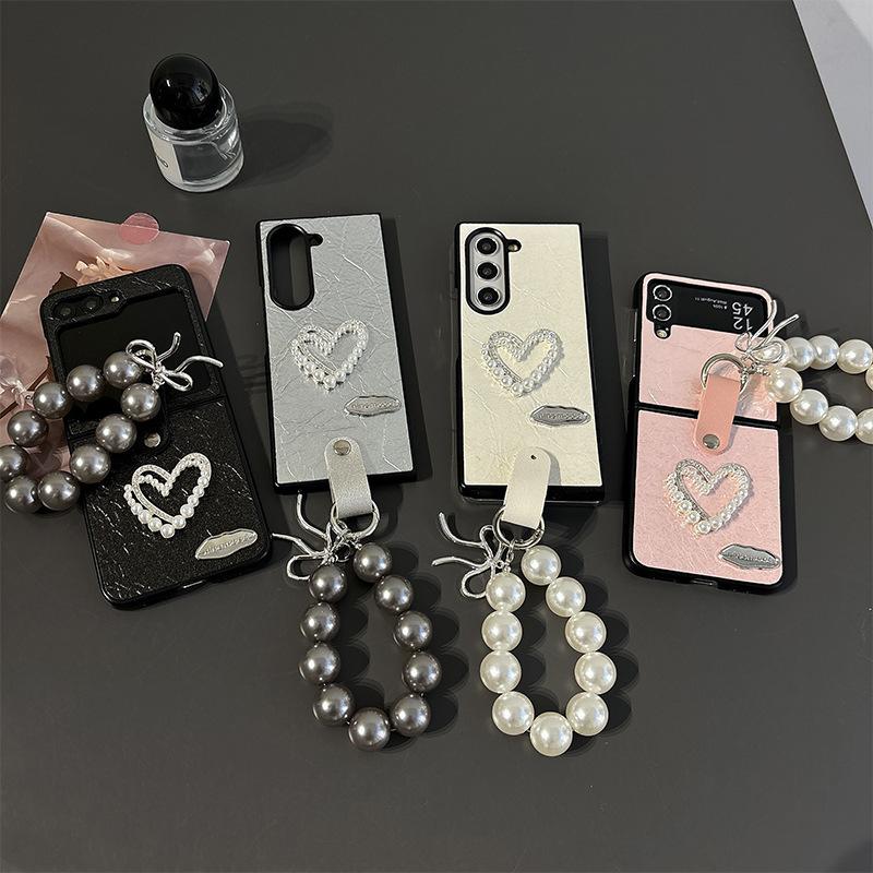 Pearl Water Diamond Love Phone Case for Samsung ZFold6 Flip Fold Flip 4 Handchain P50pocket
